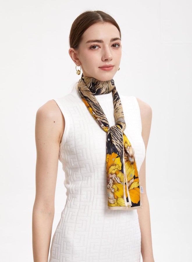 MEISEE 100% Mulberry Silk Scarf for Women 59”*6.3” Long Headscarf Neck Scarf Hair Wraps and Shawls with Gift Packed (Black+yellow flowers) - Image 2
